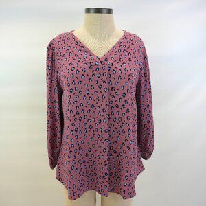 A.N.A  V-Neck Leopard Print Blouse Mauve/Blue/Black Women's Size Petite Small